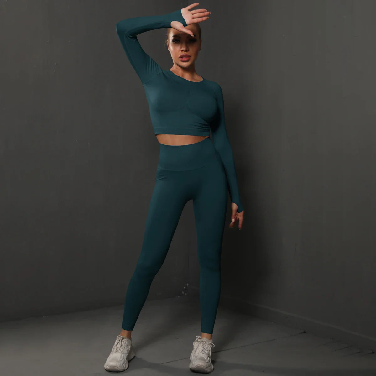 2Pcs Women Seamless Energy Gym Set Bubble Butt Sports Leggings and Long Sleeve Push Up Running Tracksuit Tights Activewear Set