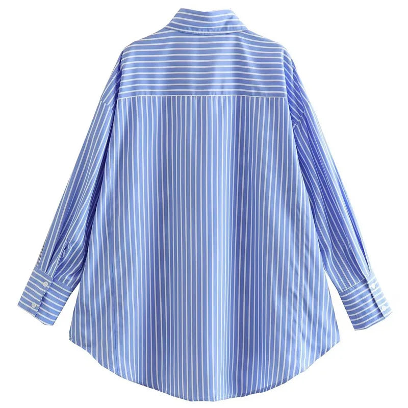 Women's Striped Loose Fit Long Sleeve Shirt Soft Blue Autumn Blouse Stylish Office Wear Top