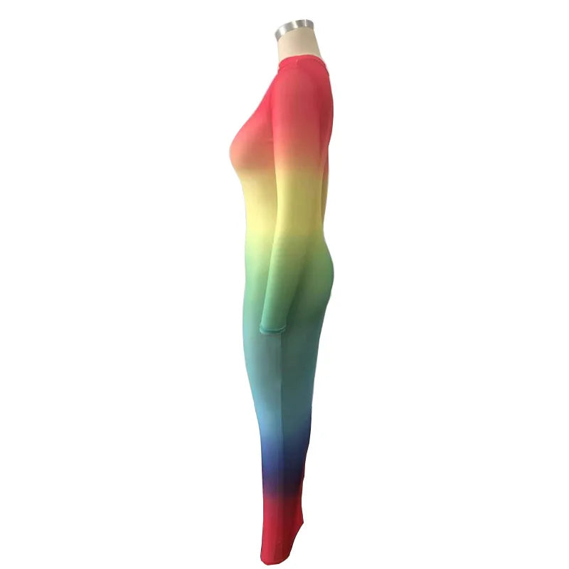 Rainbow Gradient Sheer O Neck Dress For Clubwear Nights