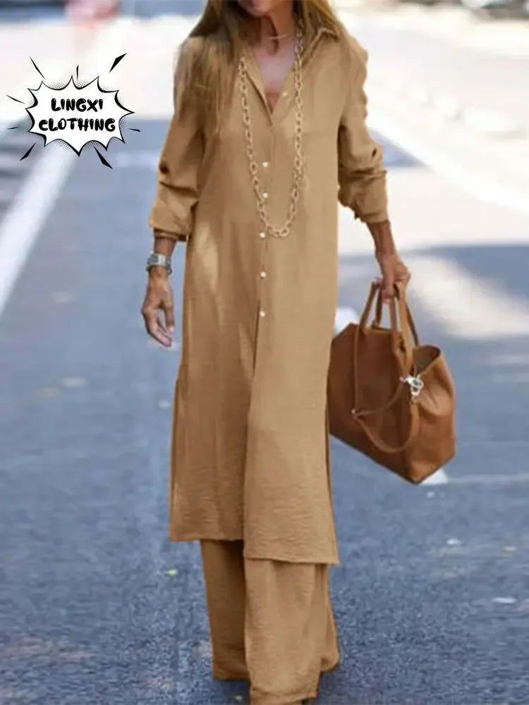 Elegant Women's Long Robe and Wide Leg Pants Two-Piece Set in Solid Color