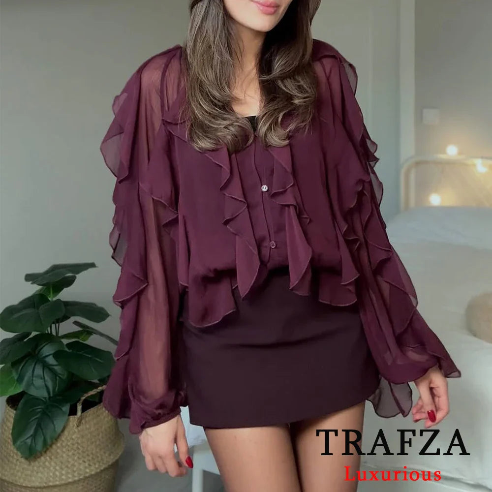Sexy Transparent Tassel Chiffon Women Blouse Long Sleeve V Neck Loose Fit Single Button Shirt Stylish Lightweight Top for Spring and Summer