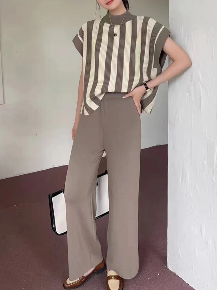 Women Casual Striped Sweater Pant Set Autumn Winter Knitted Short Sleeve Tops and Elastic Sweater Pants