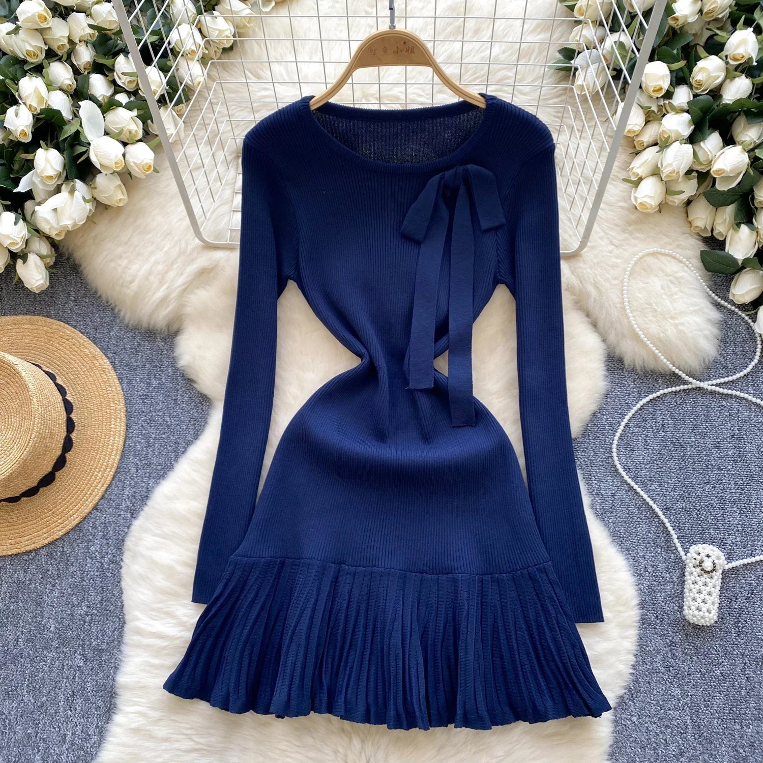 Knitted Short Dress With O Neck Bow Bodycon Chic Style