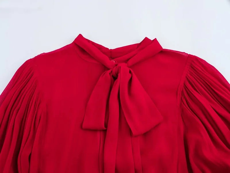 Red Bow Pleated Semi Sheer Womens Blouse Chic Button Up Shirt Elegant Spring Top for Women