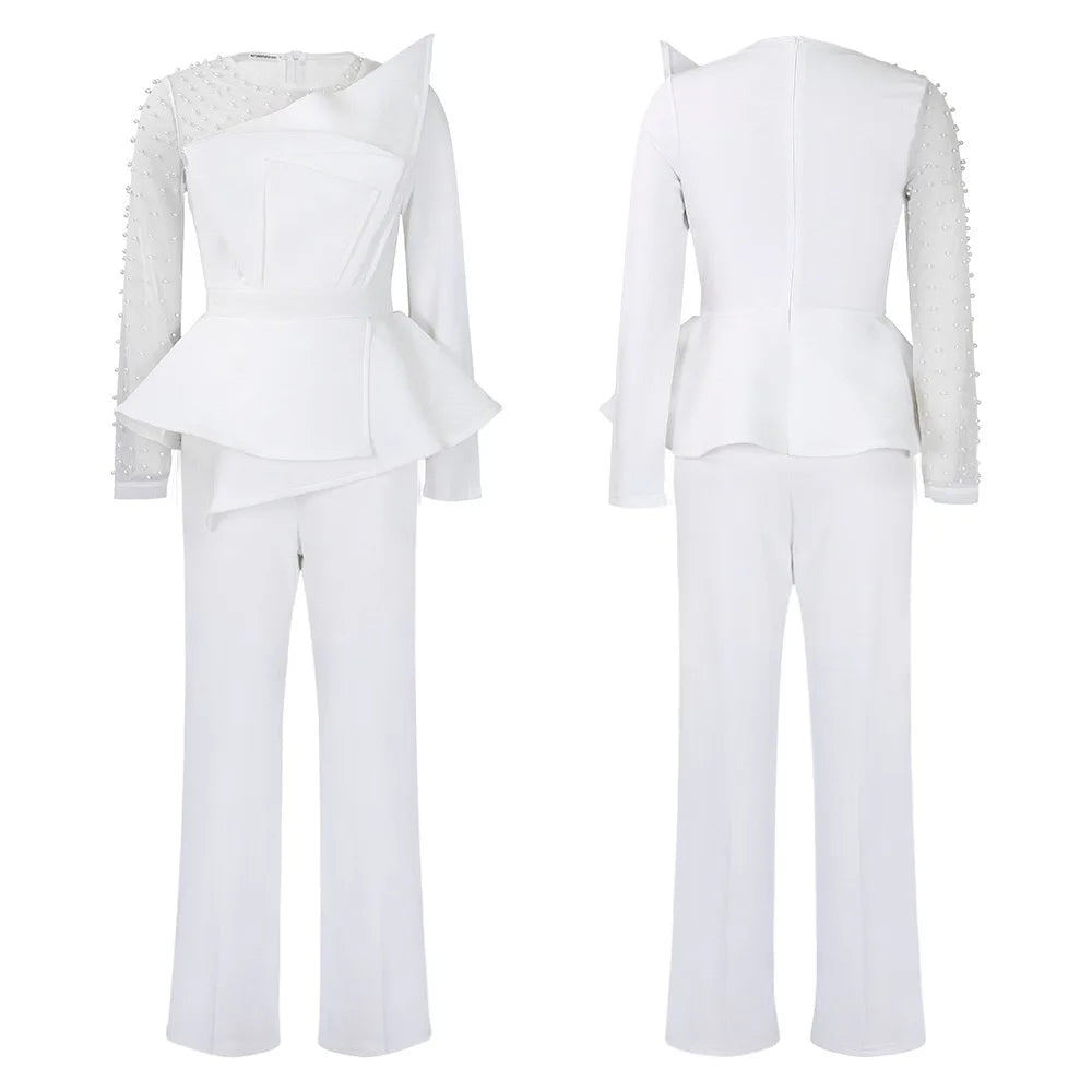 Elegant High Waisted Jumpsuit for Women with Round Neck Beaded Detail and Transparent Sleeves Perfect for Birthday Parties and Special Occasions