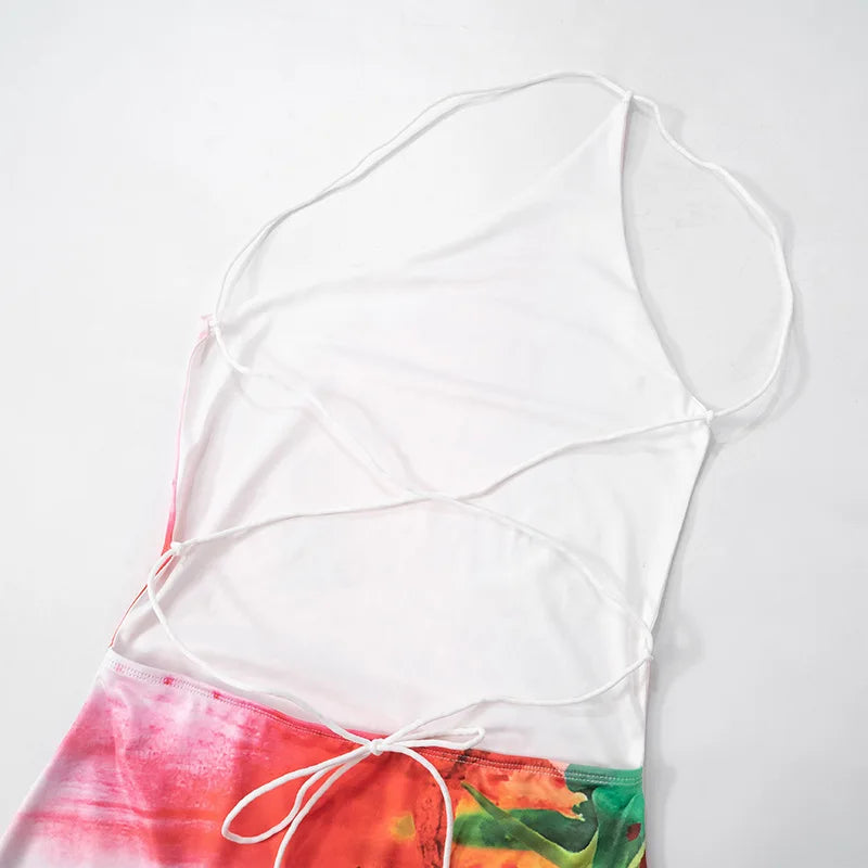 One Shoulder Floral Print Mini Dress Backless Bandage