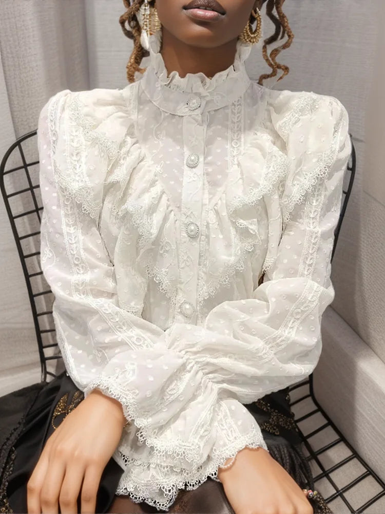 Elegant Women Long Sleeve Loose Button Shirt with Stand Collar Pleated Design Ruffle Lace Blouse Casual Spring Fashion Top