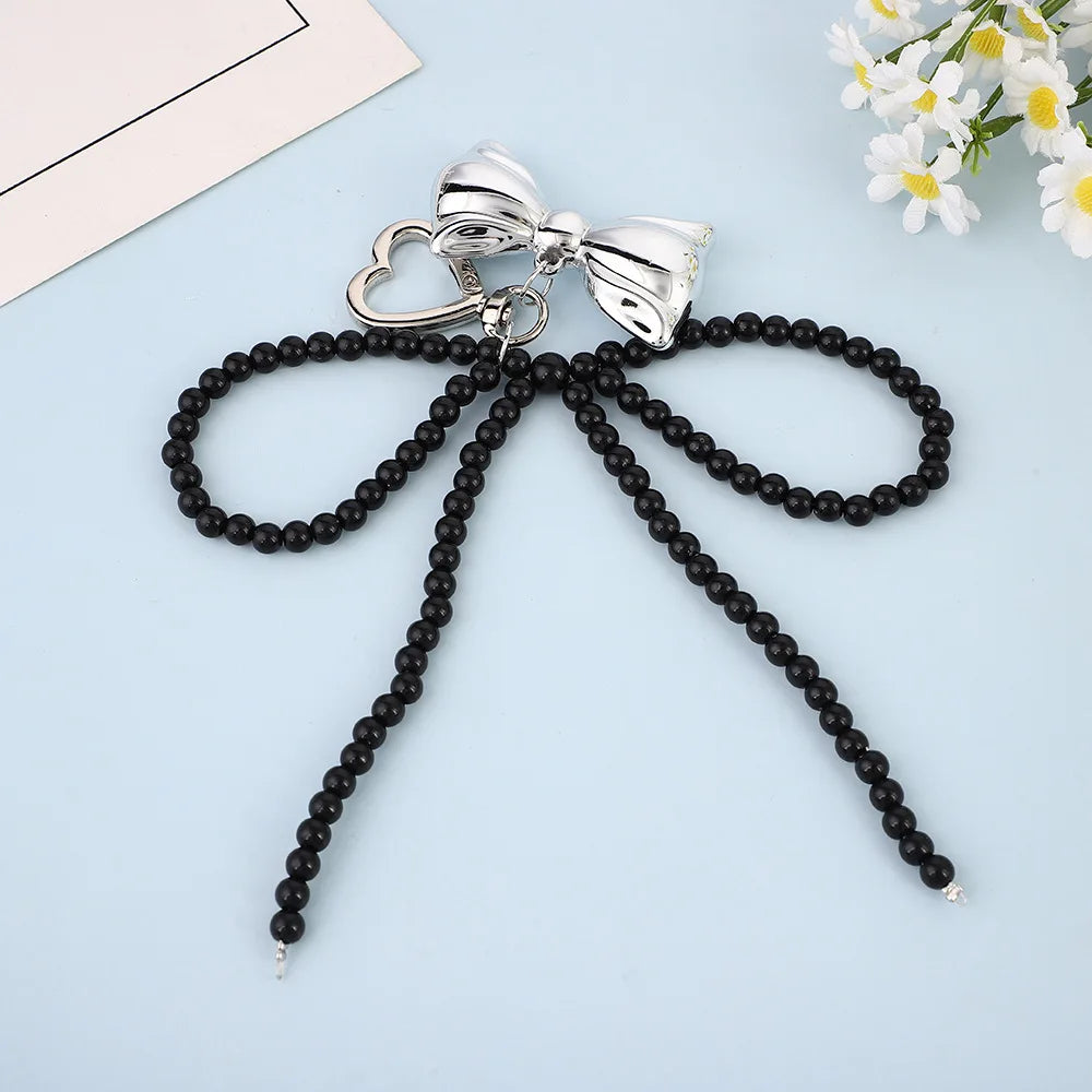 Korean Cute Beaded Pearl Bowknot Keychain for Women and Girls Metal Bow Pendant Bag Decoration Accessories