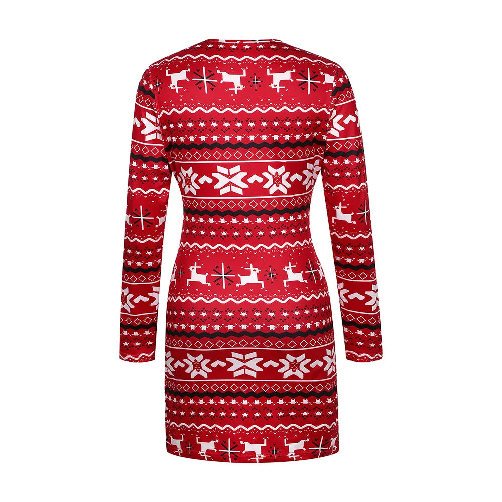 Elegant Red Snowflake Bodycon Christmas Dress For Women