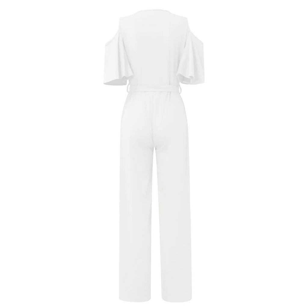 Women's Summer Jumpsuit Deep V Neck Short Sleeve Slim Fit Lace Up Wide Leg Romper Elegant Solid Color Lightweight Fashionable Playsuit