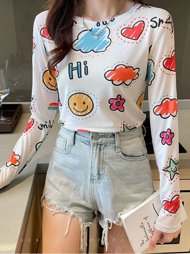 Women's Sexy See-Through Mesh Blouse Long Sleeve Transparent Elegant Printed Shirt Fashion Top