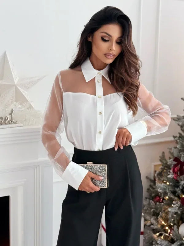 Women's Elegant Solid Color Stand Collar Blouse Long Sleeve Casual Shirt with Mesh Patchwork Detail