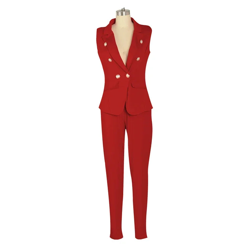 Elegant Women's Two Piece Pant Suit Set with Sleeveless Blazer and Pencil Pants for Office and Business Wear