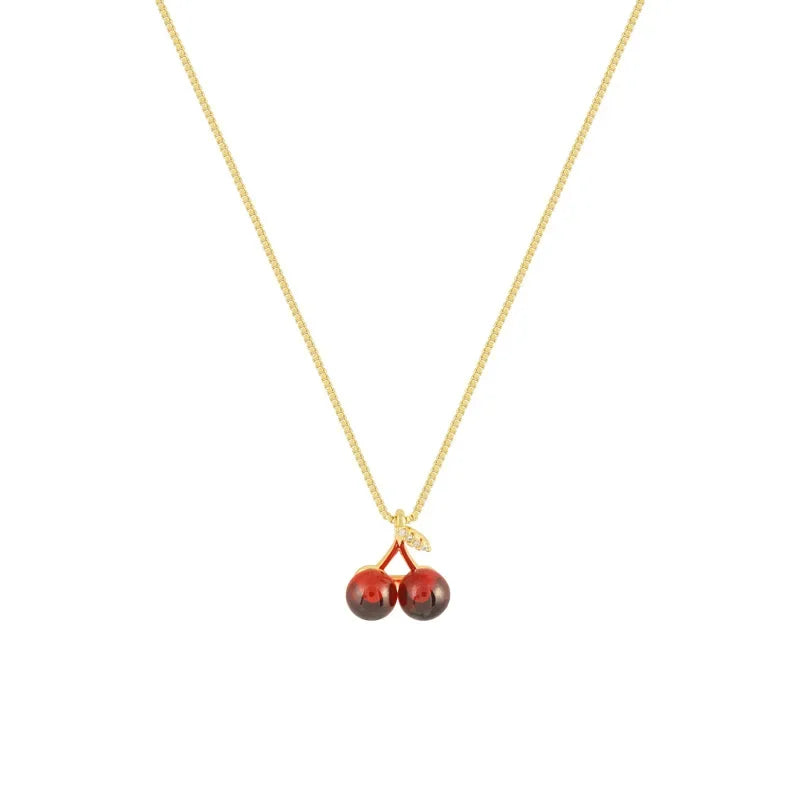 Wine Red Cherry Pendant Necklace for Women with Golden Chain for Party and Birthday Gifts