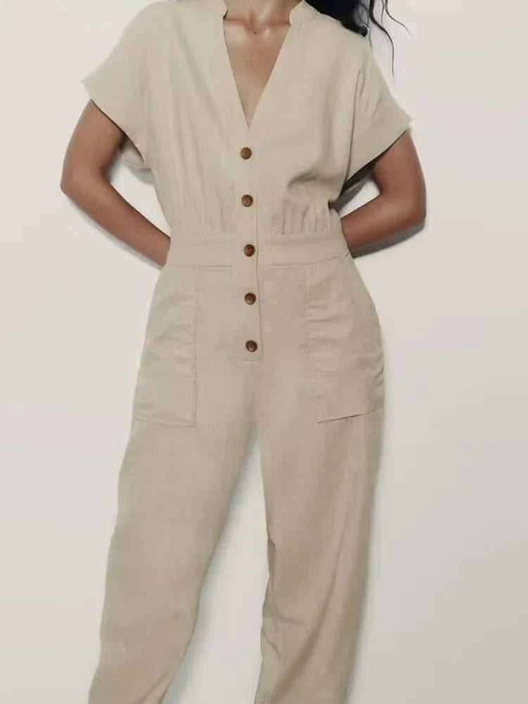 Summer Casual V Neck Sleeveless Linen Blend Jumpsuit Straight Long Holiday Style