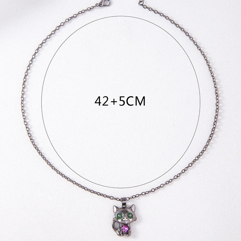 Cartoon Black Cat Pendant Necklace with Purple Heart Crystal for Women and Men Jewelry Accessory