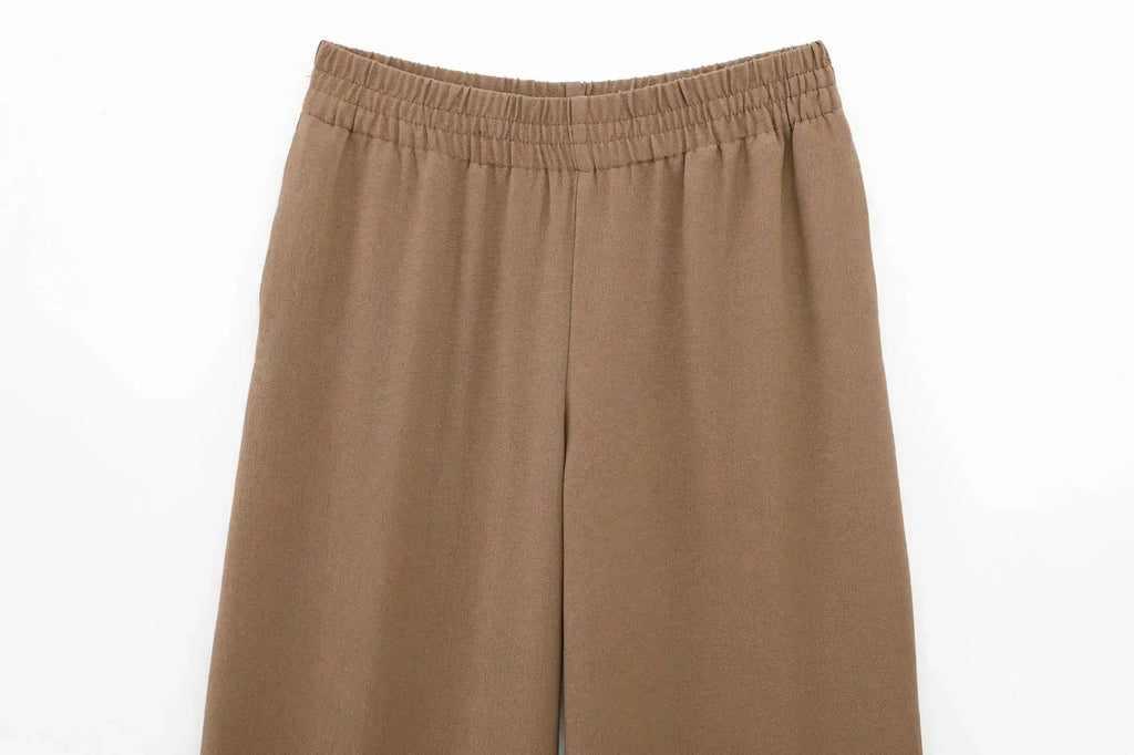 Women's Lace Up Kimono Shirt Top and Elastic Waist Wide Leg Trousers Two Piece Set