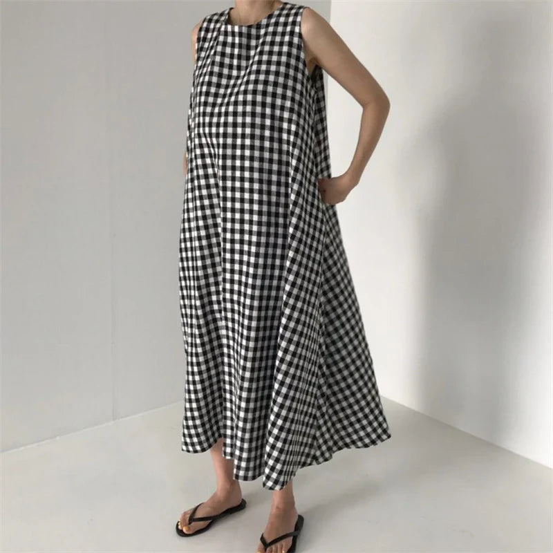 Vintage Plaid Tank Dress for Women High Waist O Neck