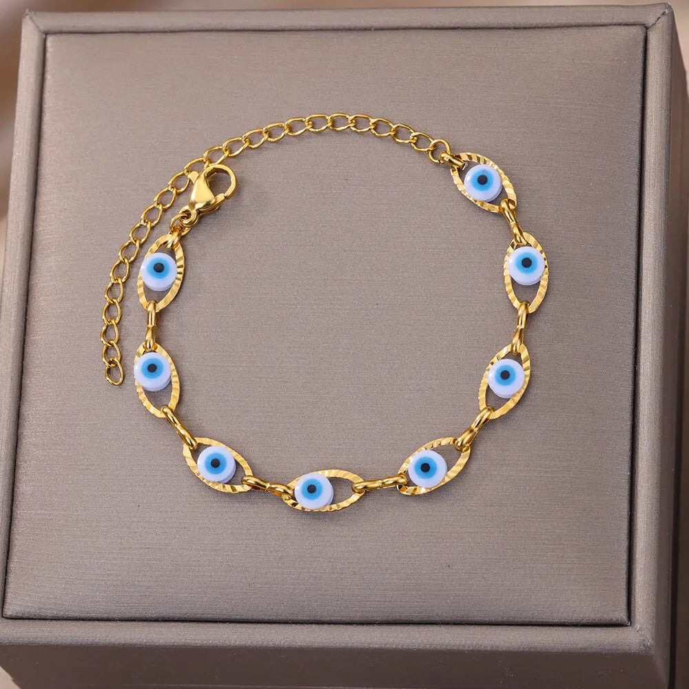 Gothic Rainbow Evil Eye Bracelet for Women Stainless Steel Gold Color Turkish Charm Chain Jewelry
