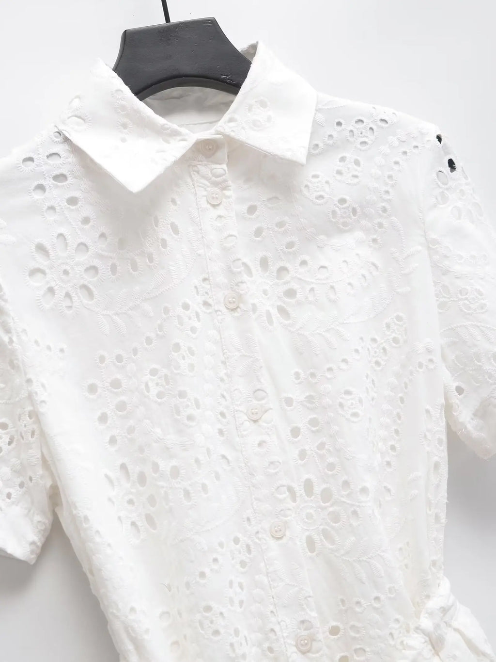 Elegant Eyelet Midi Dress With Belt Tie Short Sleeve