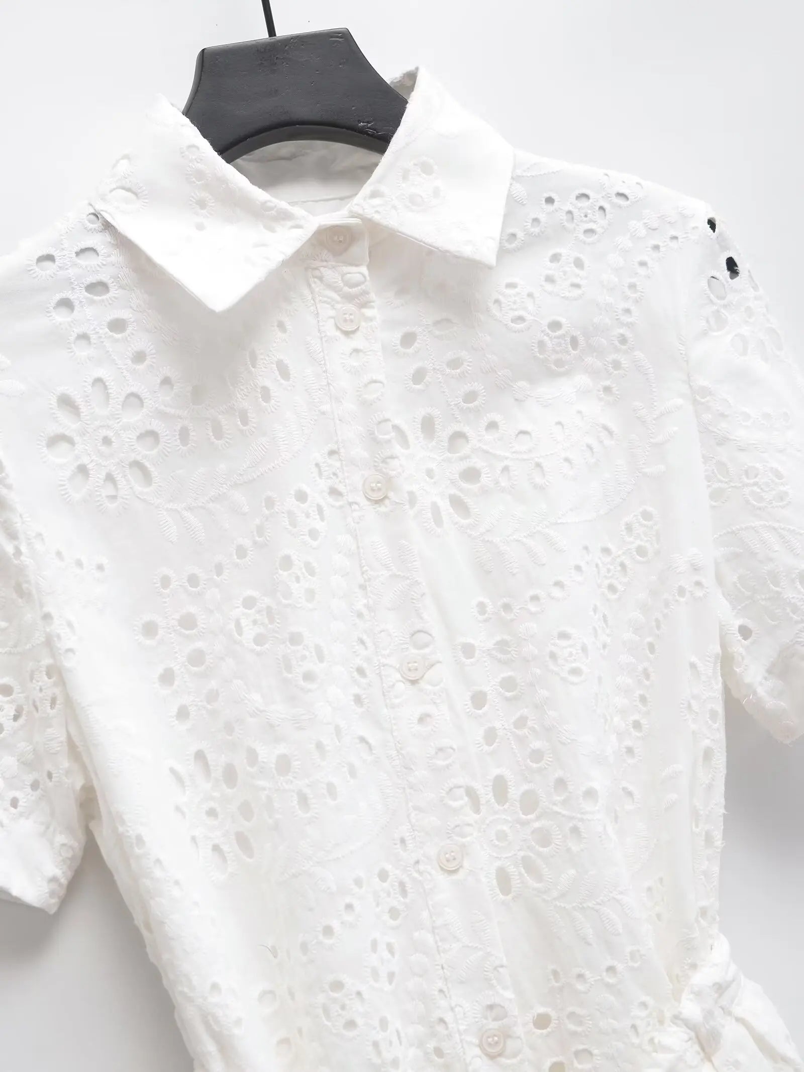 Elegant Eyelet Midi Dress With Belt Tie Short Sleeve