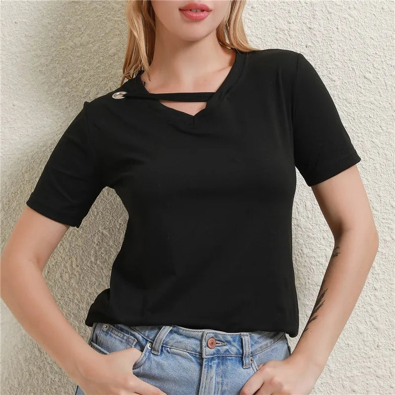 Casual Women V-Neck Loose White T-Shirt Summer Short Sleeve Polyester Top