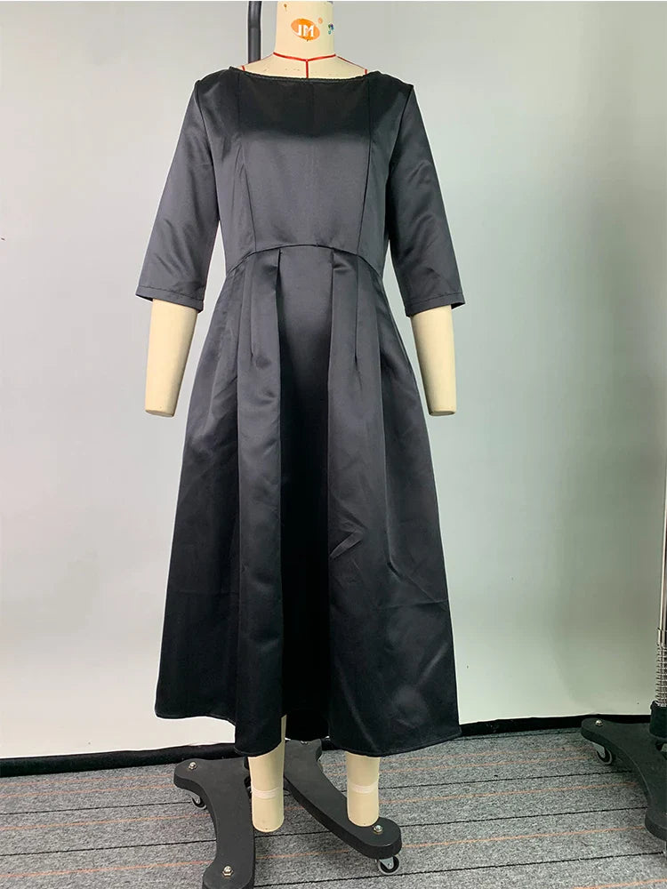 Elegant Banquet Evening Midi Dress Pleated Solid Color