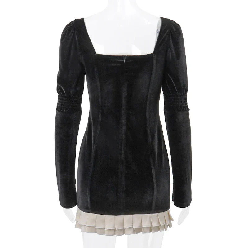 French Retro Patchwork Square Neck Dress For Evening Party