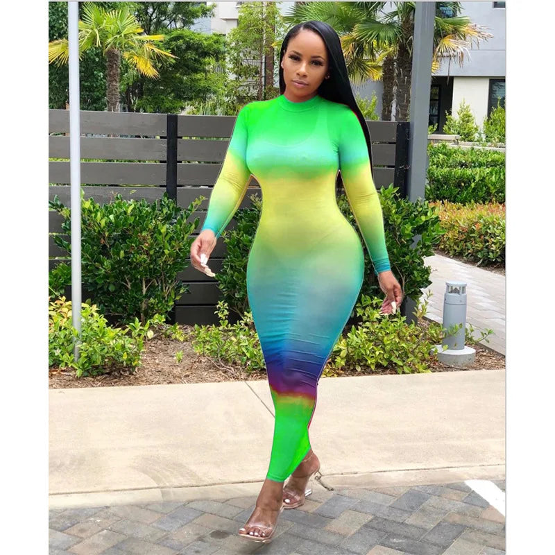 Rainbow Gradient Sheer O Neck Dress For Clubwear Nights