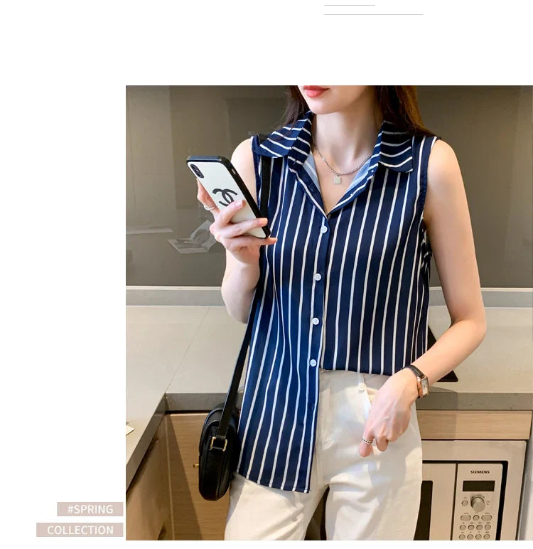 Striped Sleeveless Chiffon Blouse for Women Summer Vest Casual Lightweight Tops Basic White Shirt