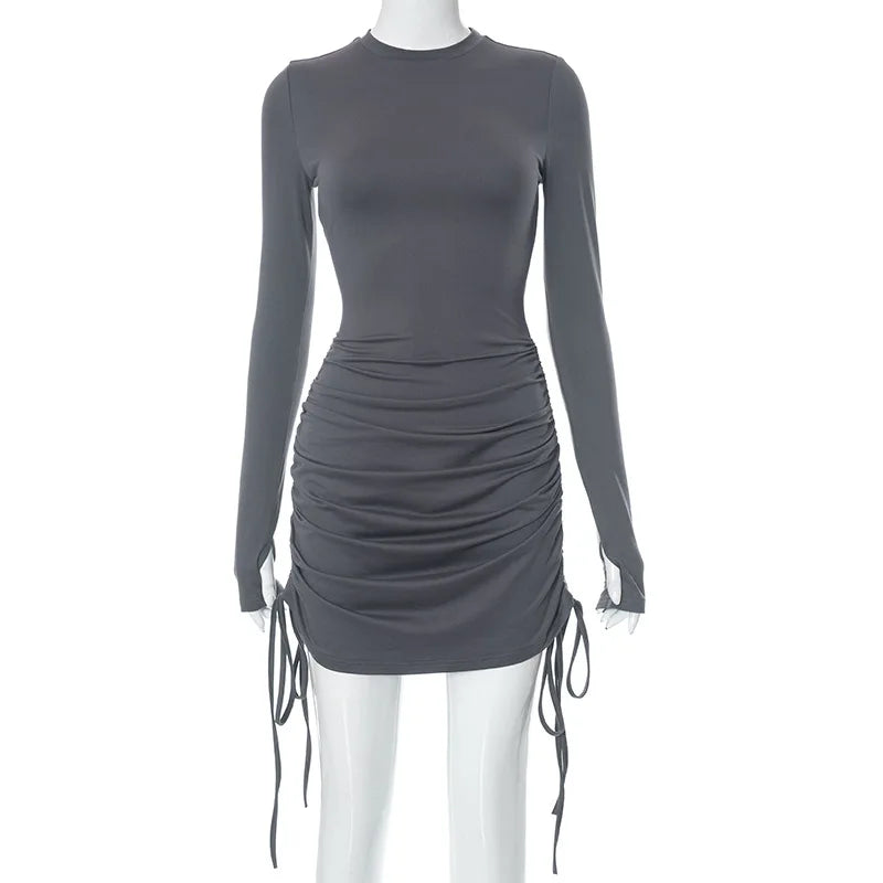 Y2K Ruched Bodycon Mini Dress Long Sleeve Black Party