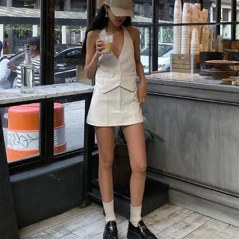 Casual V-Neck Sleeveless Tank Top and High-Waist Bodycon Hip Skirt Two-Piece Set for Women Retro Streetwear Fashion