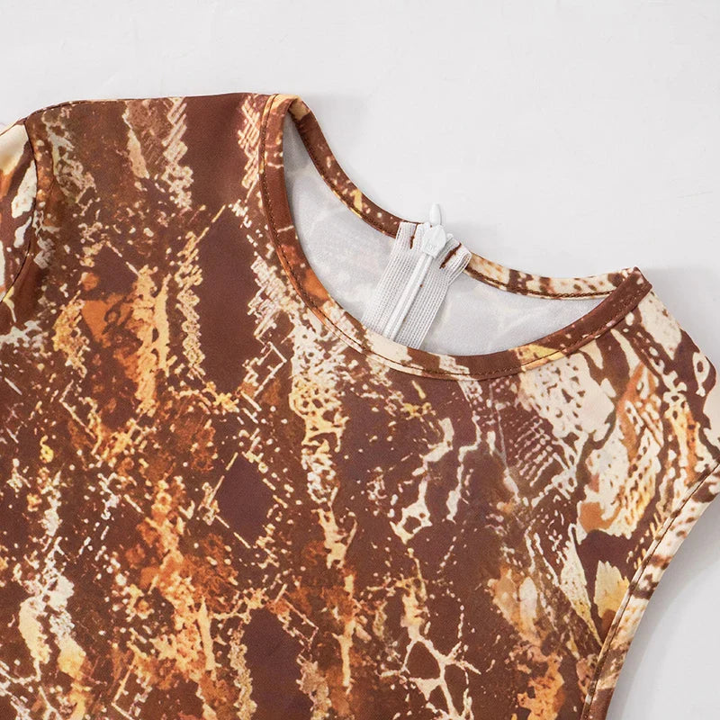 Brown Single Shoulder Long Sleeve Snake Print Jumpsuit for Women with Back Zipper Sexy One Piece Romper