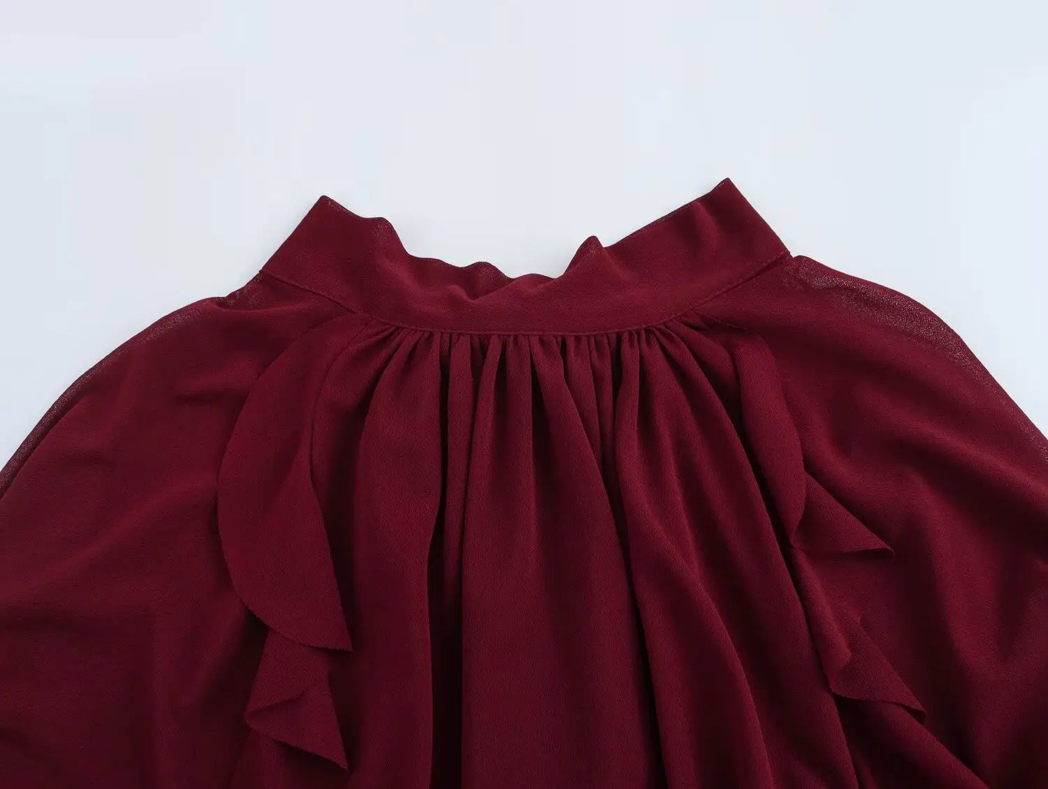 Elegant Women Blouse with Stand Up Collar Ruffle Edge Decoration and Folded Sleeve Detail Chic Shirt Top