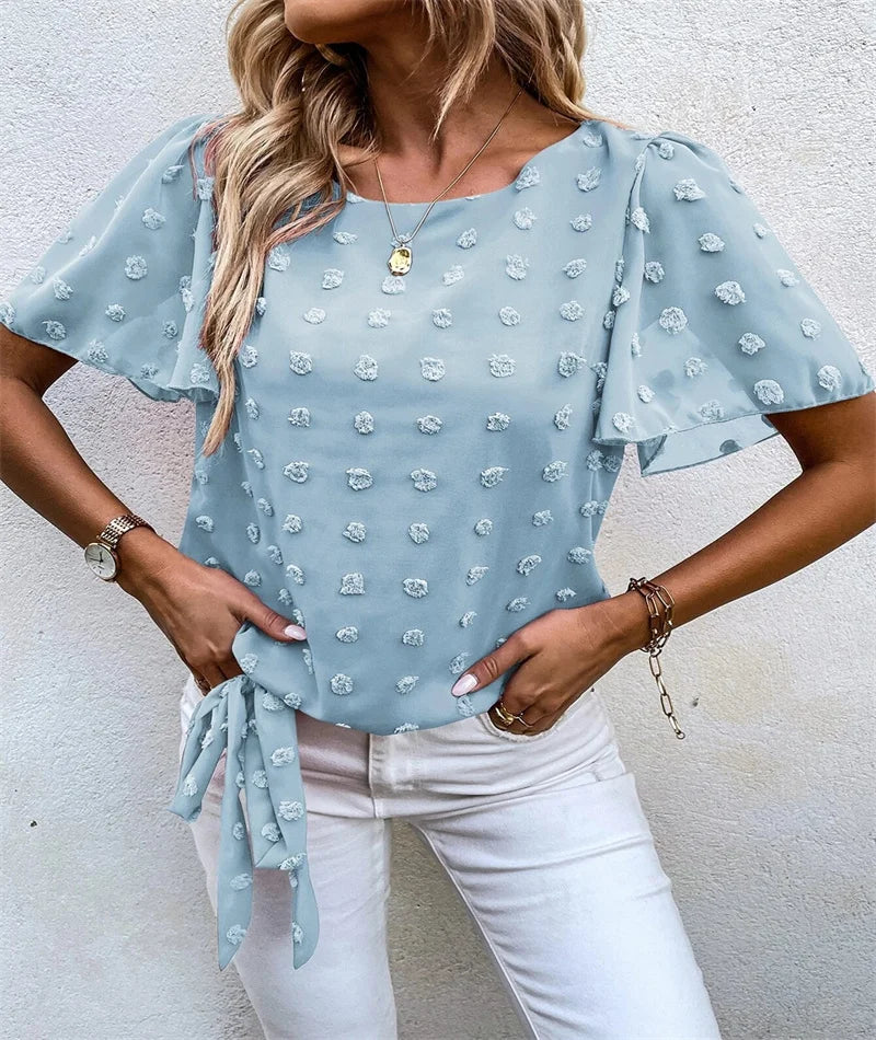 Casual Short Sleeved Woven Jacquard T-Shirt in Pure Color for Spring and Summer Fashion