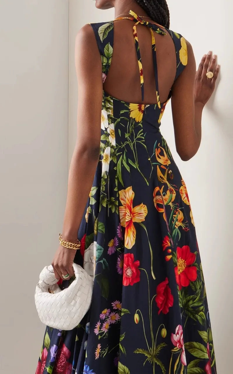 Womens Floral Print Backless Dress With Square Collar