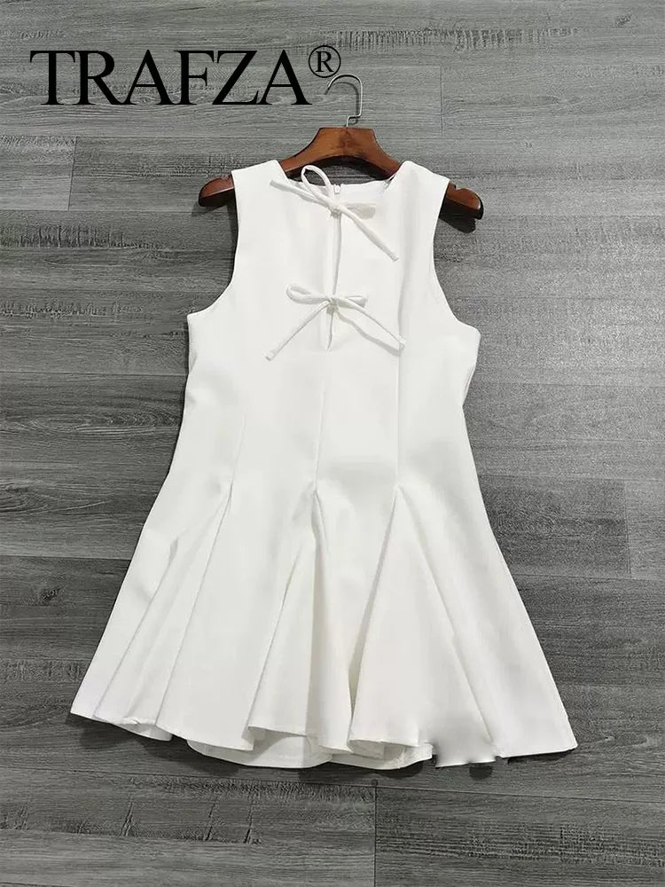 White Bow Pleated Mini Dress For Summer Party Elegant