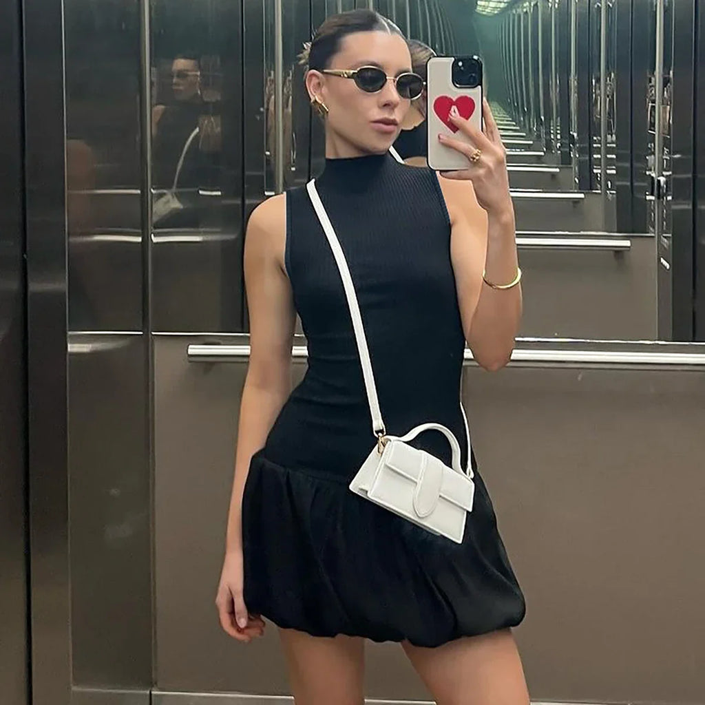 Ribbed Sleeveless Patchwork Bubble Backless Minidress