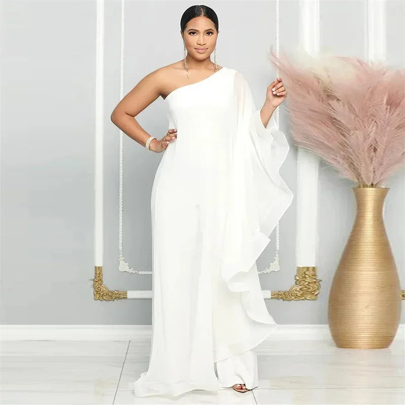 Elegant Chiffon One Shoulder Wide Leg Jumpsuit for Women Evening Party Birthday Romper Overalls Stylish One Piece Combinaison Femme