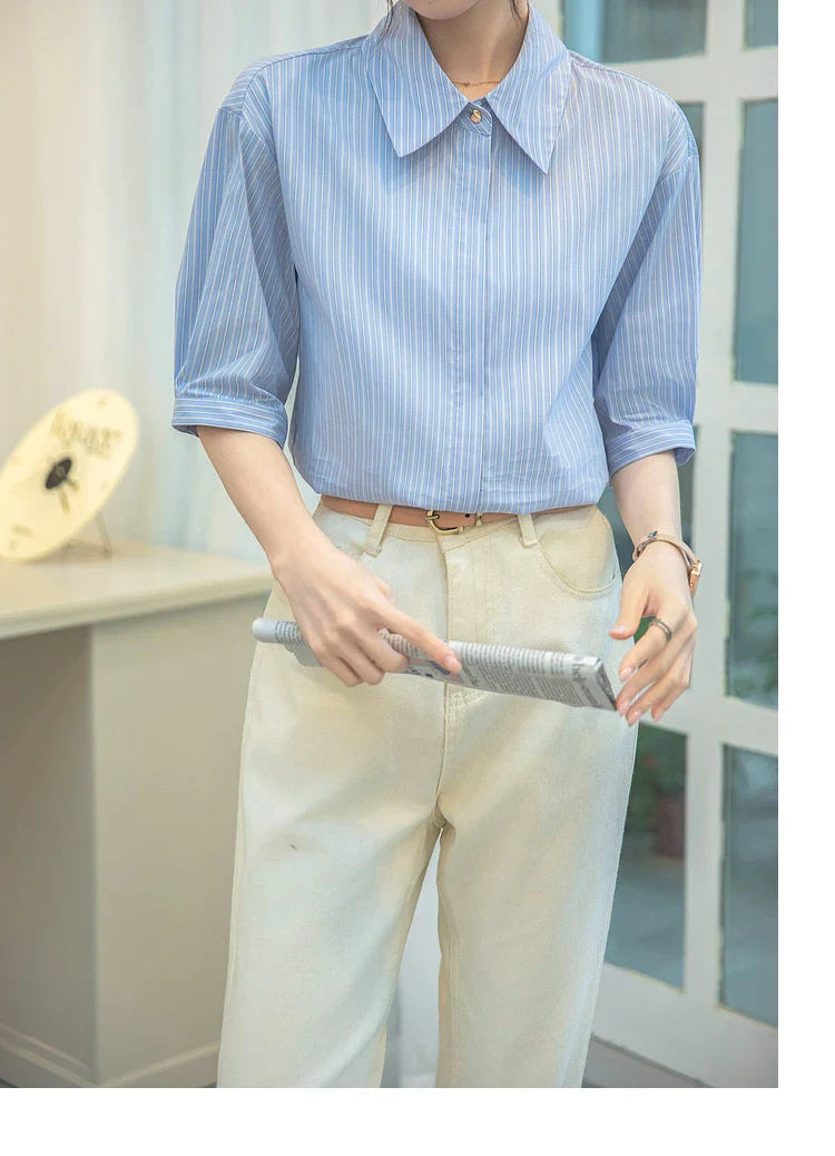 Women Casual Blue Stripe Short Sleeve Polo Collar Shirt Elegant Loose Office Blouse Single Breasted Summer Chic Top