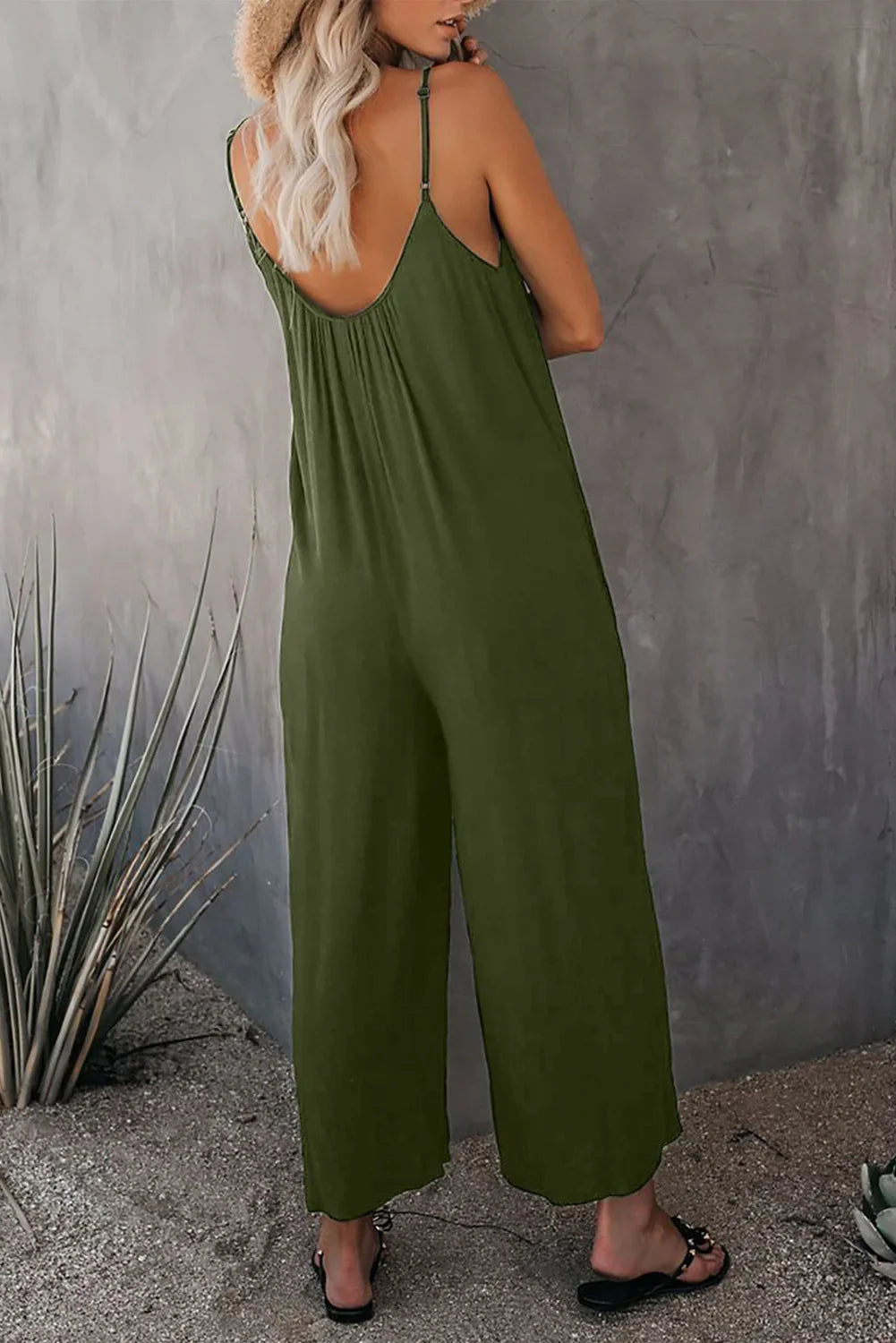 Women's Summer Strap Jumpsuit with Solid Color Design and Convenient Side Pockets Casual Lightweight Romper
