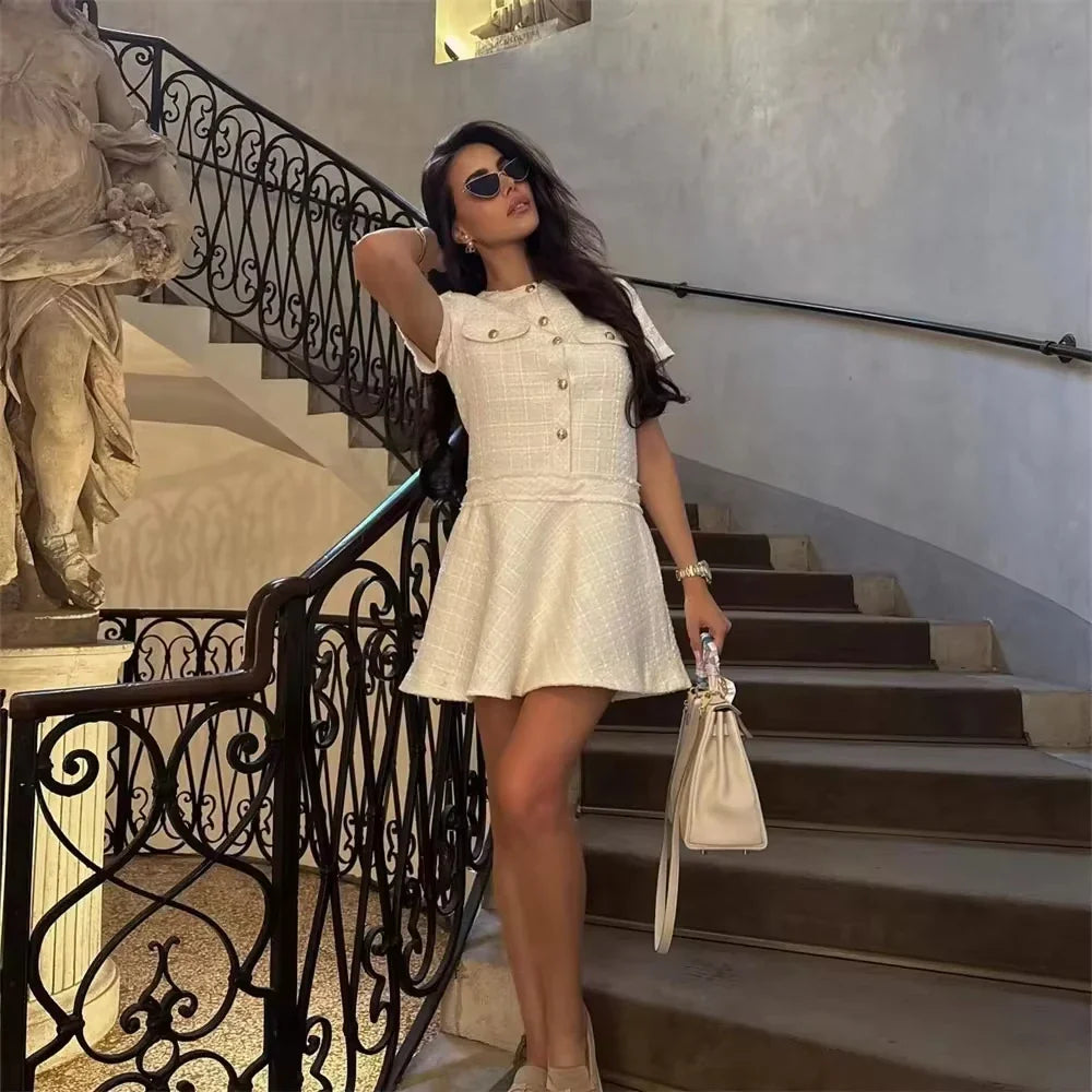 Women Textured Mini Dress Summer Round Neck Short Sleeve