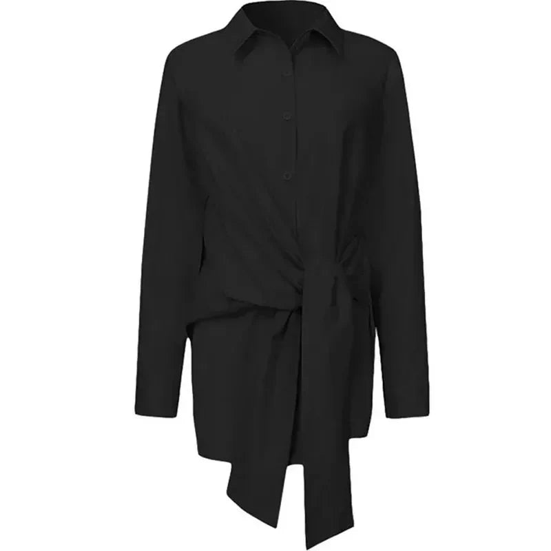 Ruched Long Sleeve Blouse for Women Lace-Up Casual Loose Fit Shirt with Turn-Down Collar Solid Color Elegant Top