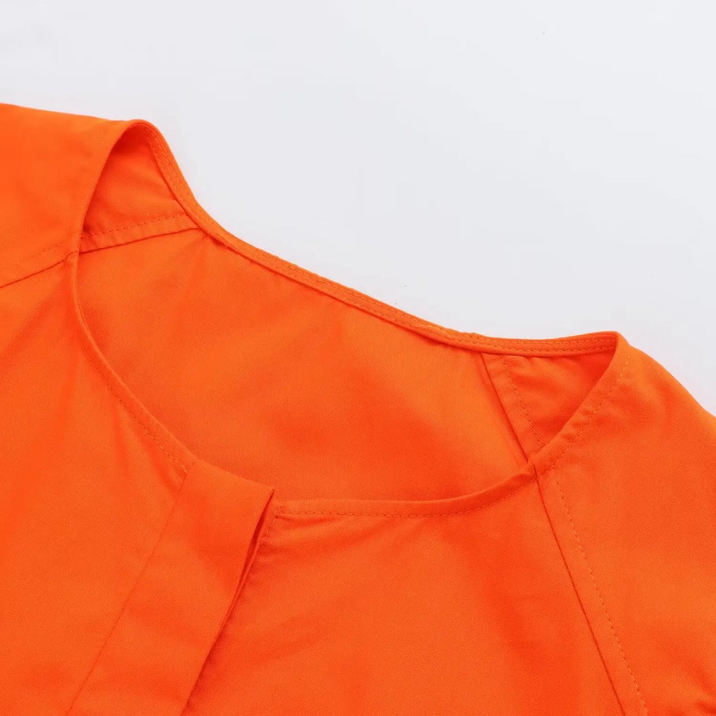 Orange Puff Sleeve Mini Dress With Bow Belt For Women