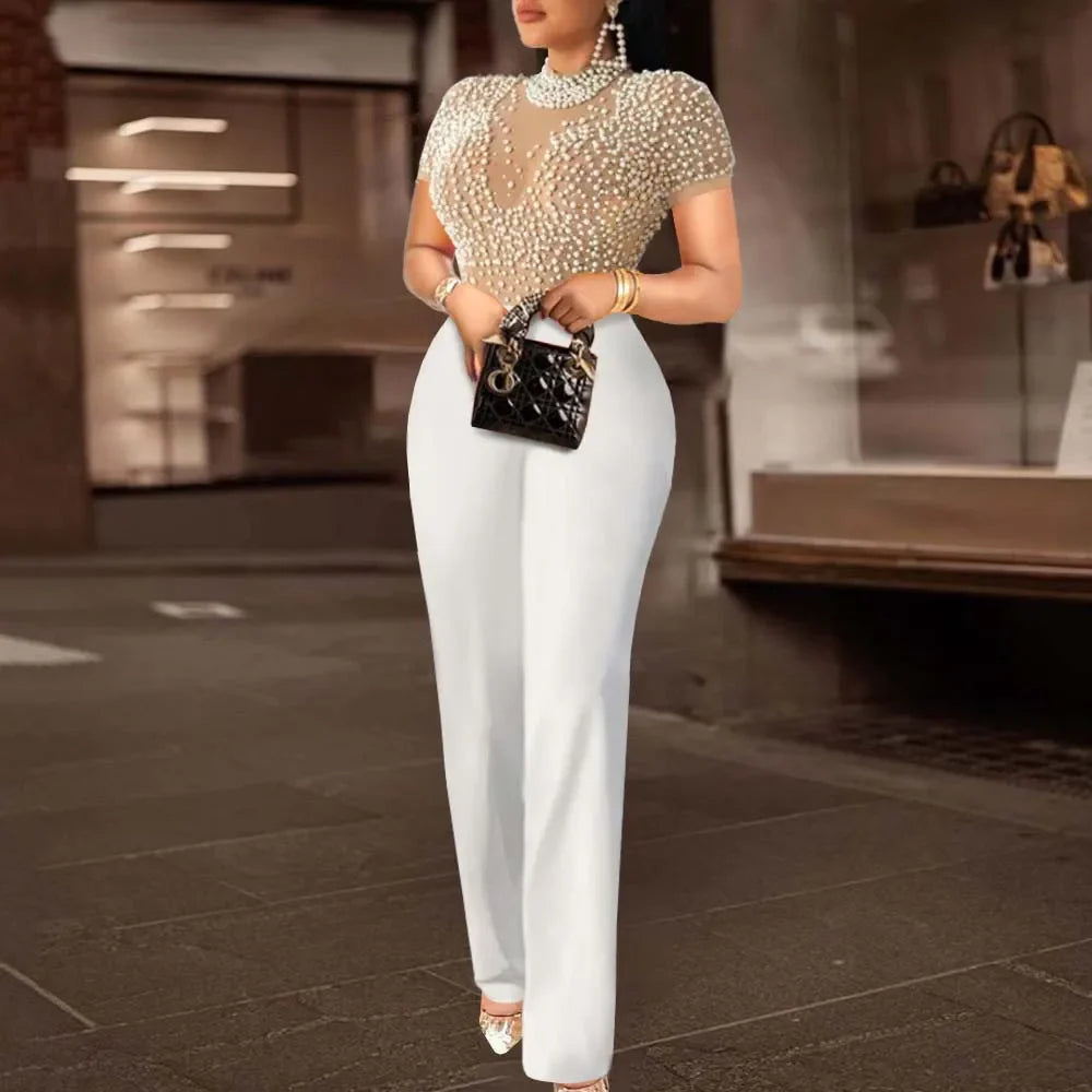 Elegant High Waisted Beaded Short Sleeve Jumpsuit for Women Luxury Birthday Dinner Party Romper Overalls Outfit