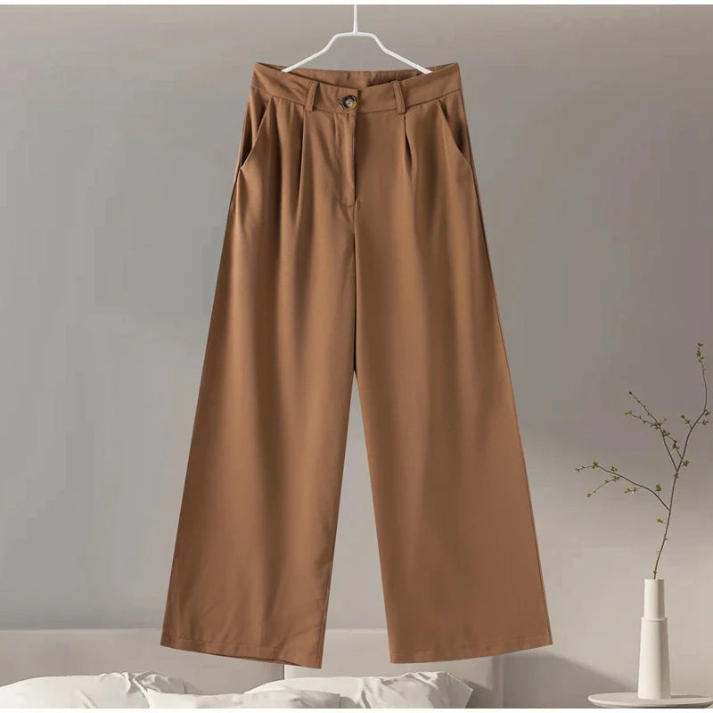 Casual Women Blazer Pants Suit with Slim Lapel Puff Sleeves and Wide Leg Trousers 2 Piece Outfit