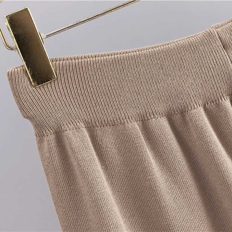 Spring Women Knitted Sweater Set Casual Pullover and Pant Outfit with Color Contrast Block Design