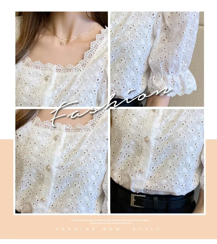 Elegant White Lace Blouse for Women Short Sleeve Square Collar Hollow Out Summer Shirt Chic and Breathable Feminine Top