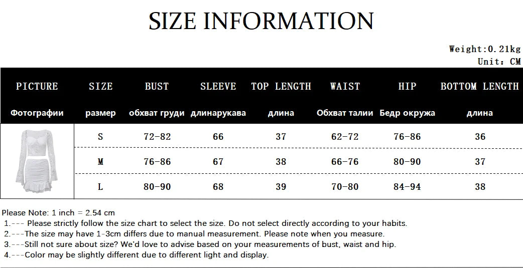 Elegant Y2K Lace See-Through Long Sleeve Crop Top with Ruched Slim Skinny Mini Skirt Two-Piece Set for Women