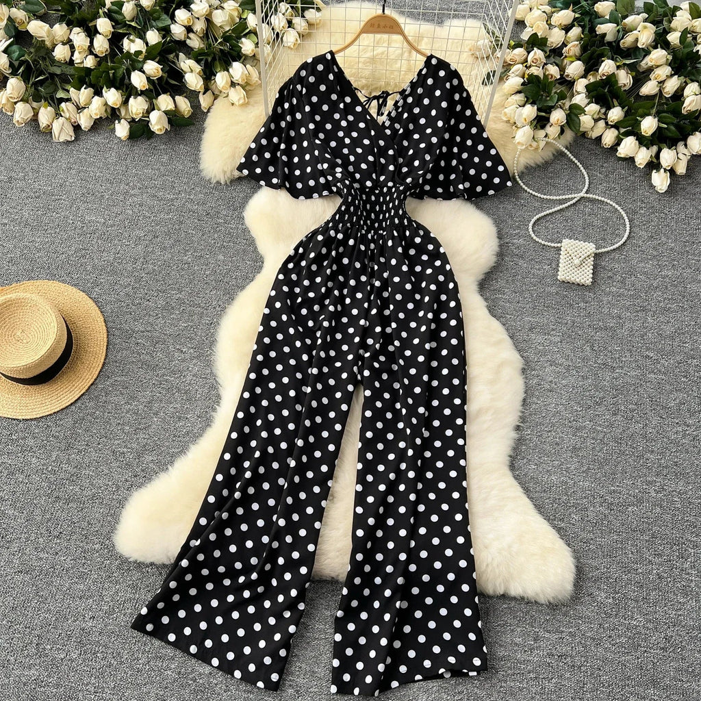 Elegant Polka Dot Romper for Women V-Neck Short Sleeve High Waist Wide Leg Jumpsuit Loose Fit Summer Playsuit
